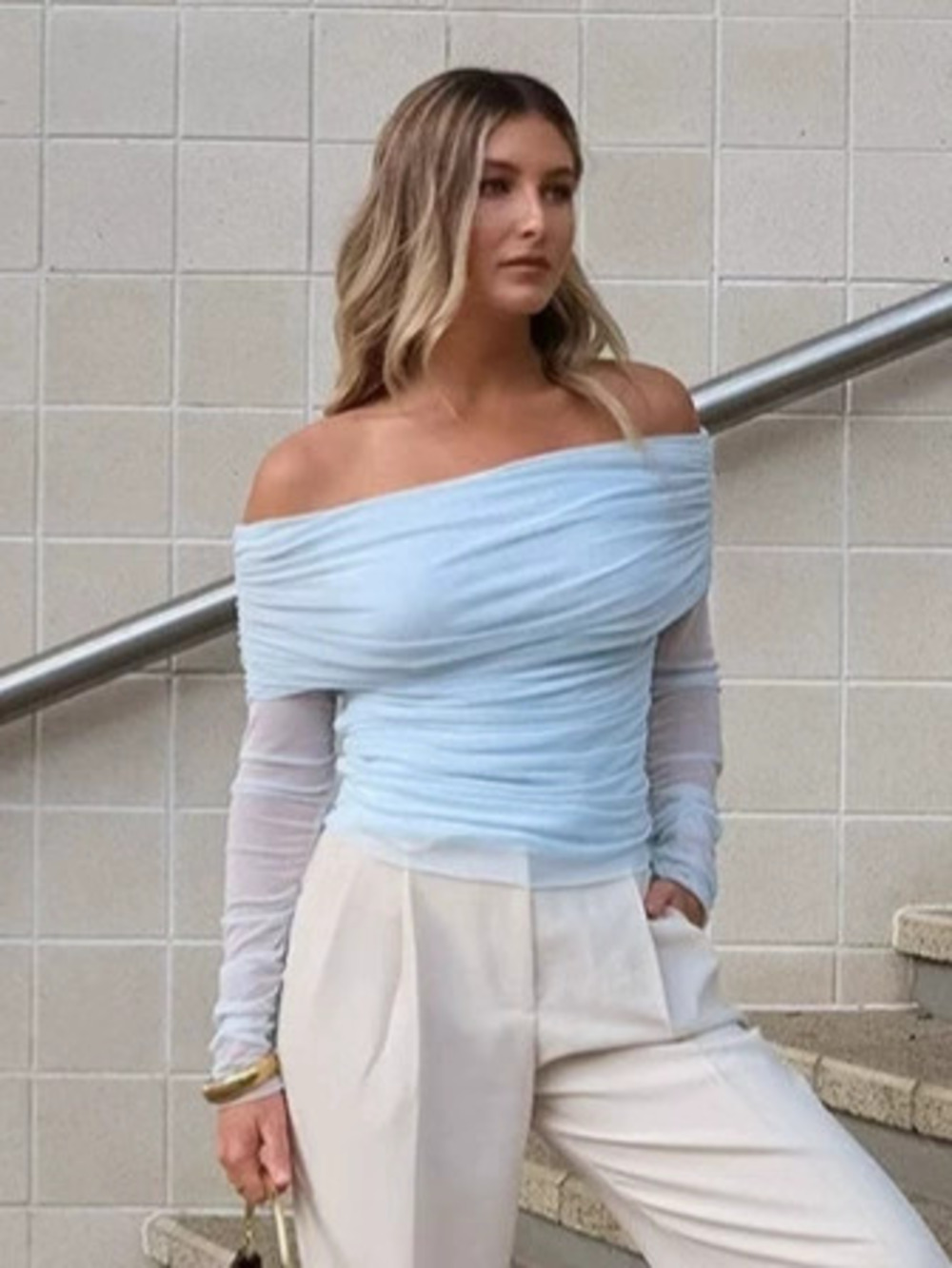 Forever 21 Off Shoulder Top Spring Summer Sky Blue Long Sleeve